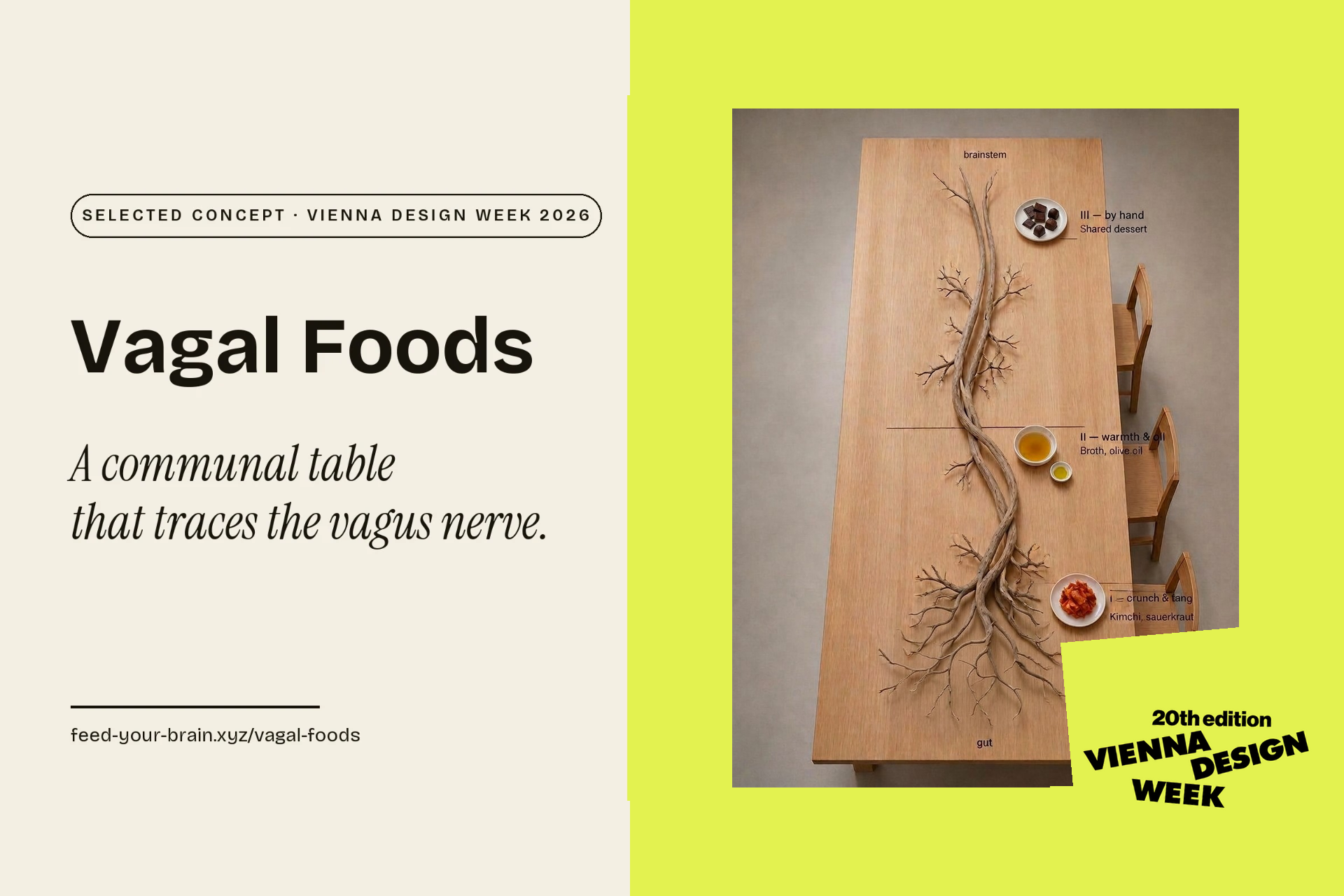 Vagal Foods key visual — a top view of a communal table whose sculptural form traces the vagus nerve, selected for Vienna Design Week 2026